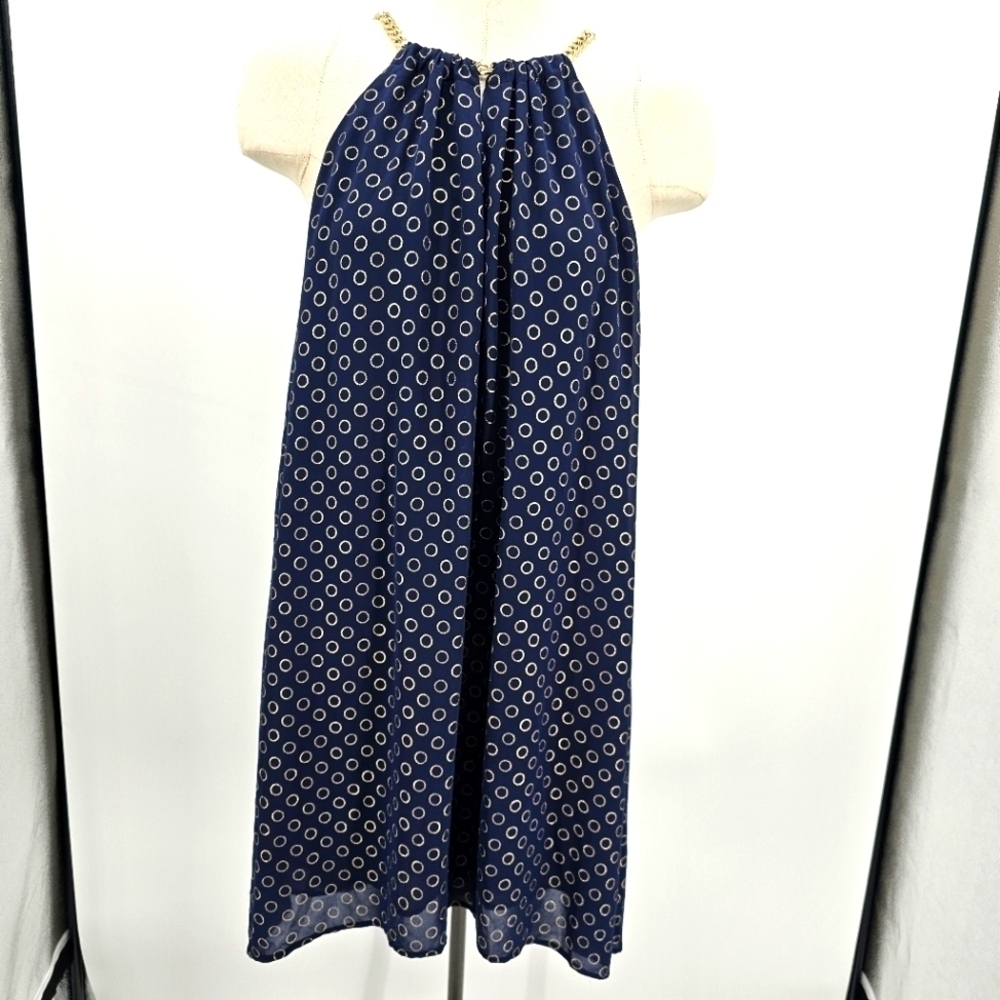 Michael Michael Kors navy and gold print hi lo sheer swing dress women's small